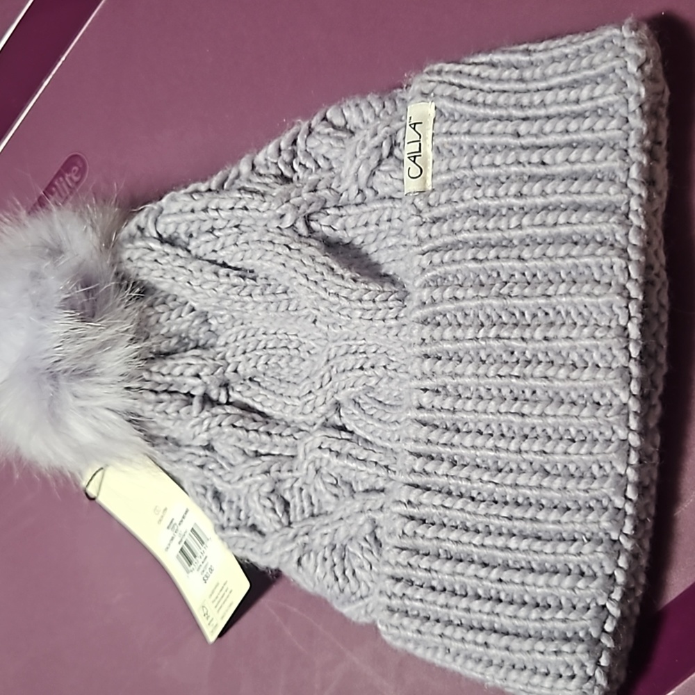 CALIA Cable Knit Pom Beanie: LILY (PURPLE): NEW WITH TAGS: ONE SIZE FITS MOST